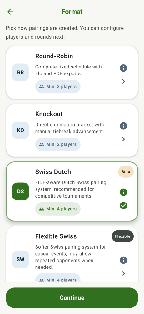 Tournament format selection on mobile